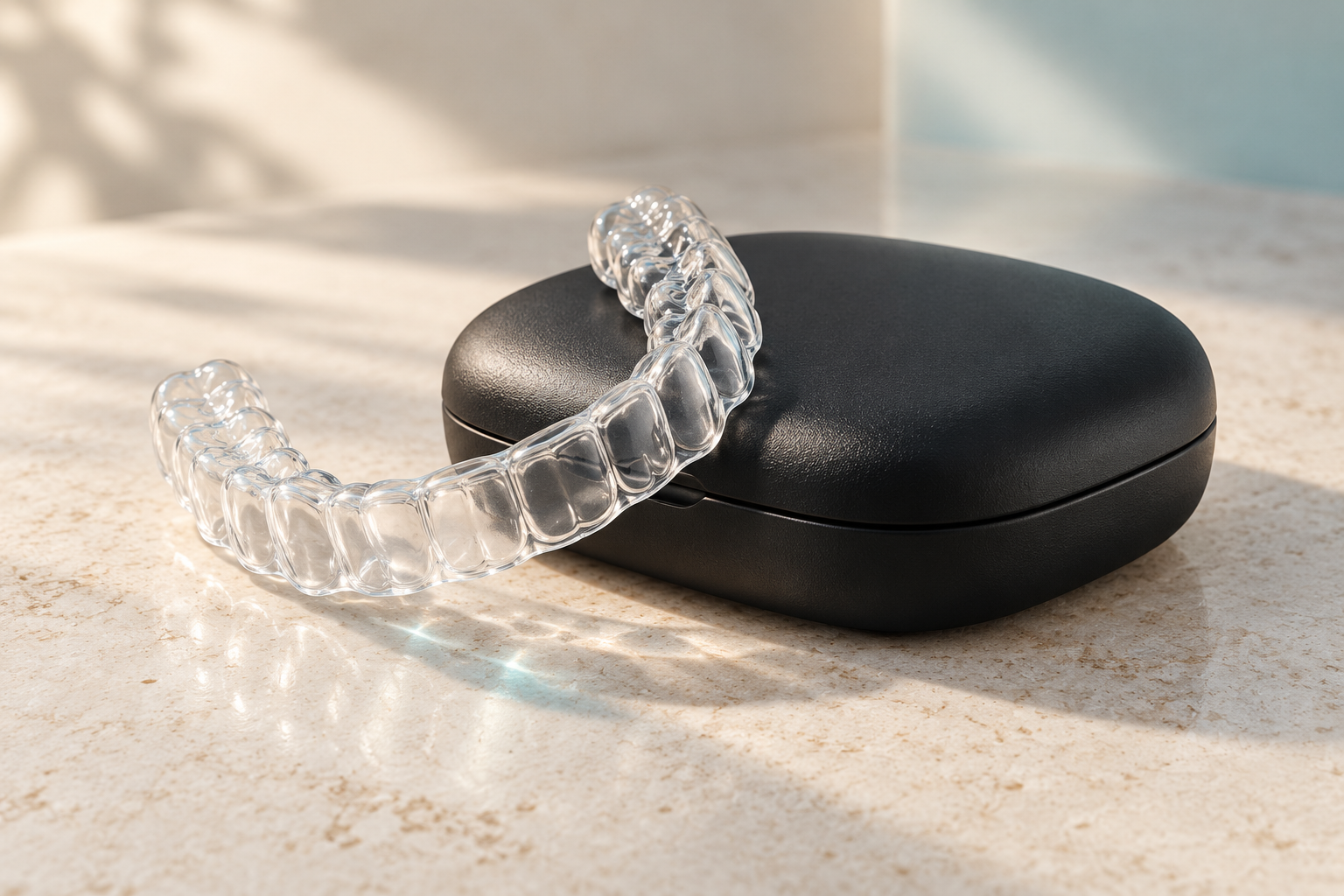 Illustration of a clear retainer beside a matte black retainer case